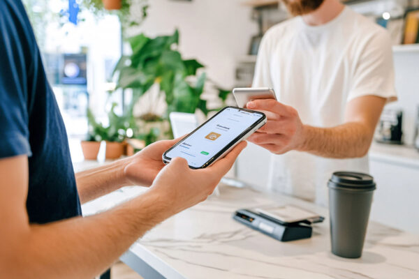 person using mobile phone at checkout